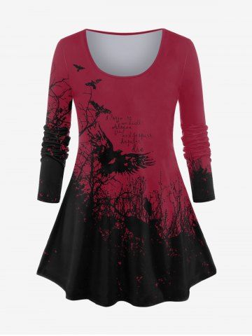 Plus Size Branch Eagle Print Long Sleeve T-shirt - DEEP RED - 2X | US 18-20