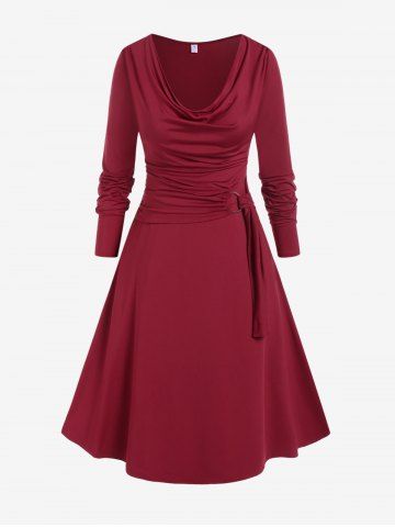 Plus Size Cowl Neck O-ring Ruched Long Sleeve Midi Dress - DEEP RED - L | US 12