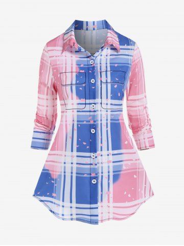 Plus Size Plaid Ombre Color Button Up Shirt - LIGHT PINK - L