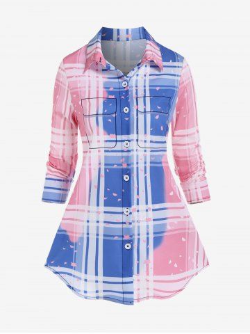 Plus Size Plaid Ombre Color Button Up Shirt - LIGHT PINK - 2XL