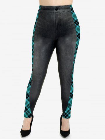 Plus Size Plaid 3D Jeans Printed Skinny Leggings