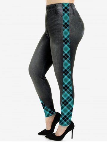 Plus Size Plaid 3D Jeans Printed Skinny Leggings