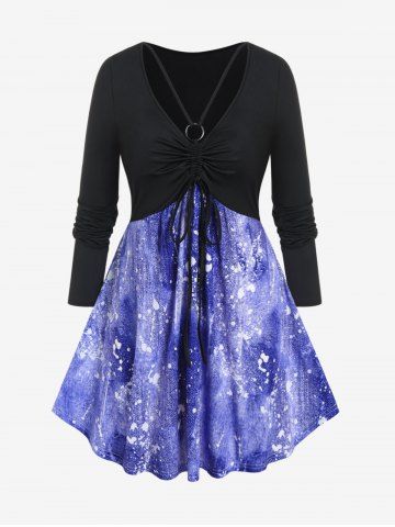 Plus Size Cinched Ruched O-ring Paint Splatter Long Sleeves Tee - PURPLE - 2X | US 18-20