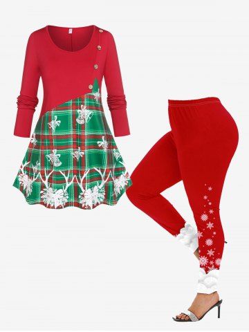 Plus Size Christmas Plaid Tinkle Bell Long Sleeve Tee and Leggings Outfits