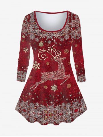 Plus Size Snowflake Elk Print Christmas T-shirt - DEEP RED - M | US 10