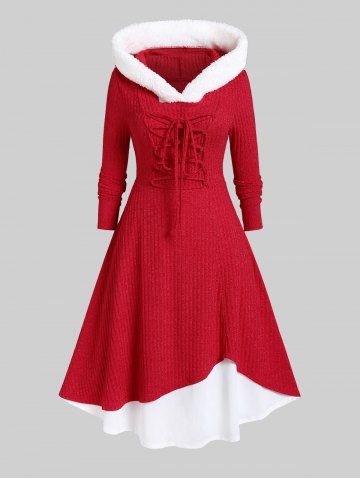 Plus Size Hooded Faux Fur Trim Lace Up Knitted Midi Dress - RED - 3X | US 22-24