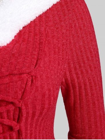 Plus Size Hooded Faux Fur Trim Lace Up Knitted Midi Dress