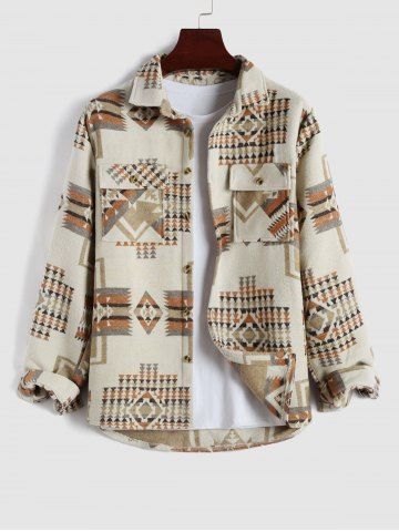 Geometric Tribal Ethnic Aztec Printed Shacket - LIGHT COFFEE - L