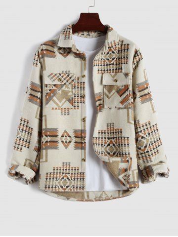 Geometric Tribal Ethnic Aztec Printed Shacket - LIGHT COFFEE - XXL