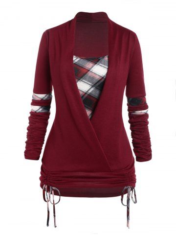 Plus Size Plaid Print Crossover Cinched Long Sleeve Faux Twinset Knitwear - DEEP RED - L