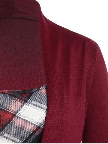 Plus Size Plaid Print Crossover Cinched Long Sleeve Faux Twinset Knitwear
