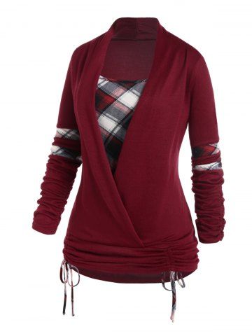 Plus Size Plaid Print Crossover Cinched Long Sleeve Faux Twinset Knitwear