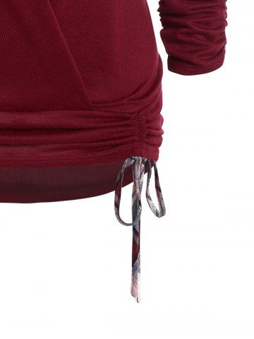 Plus Size Plaid Print Crossover Cinched Long Sleeve Faux Twinset Knitwear