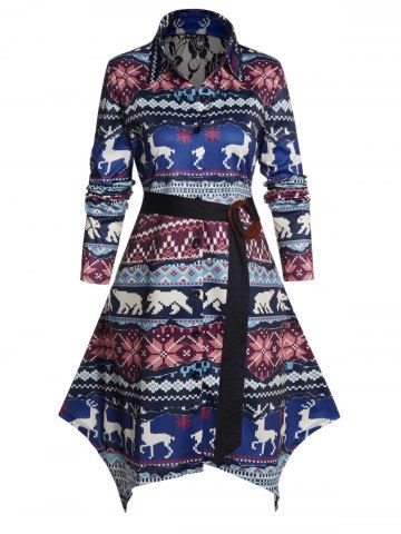 Tribal Animal Allover Print Flower Lace Insert Shirt Dress - DEEP BLUE - M