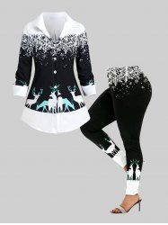 Christmas Snowflake Elk Print Shirt and Leggings Plus Size Outfit -  