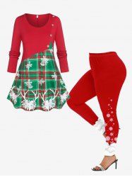 Plus Size Christmas Plaid Tinkle Bell Long Sleeve Tee and Leggings Outfits -  