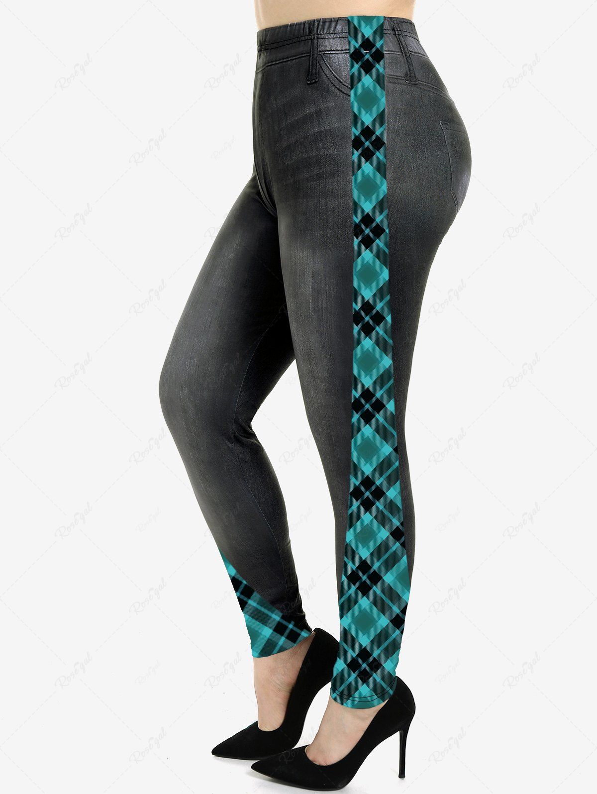 Outfit Plus Size Plaid 3D Jeans Printed Skinny Leggings  