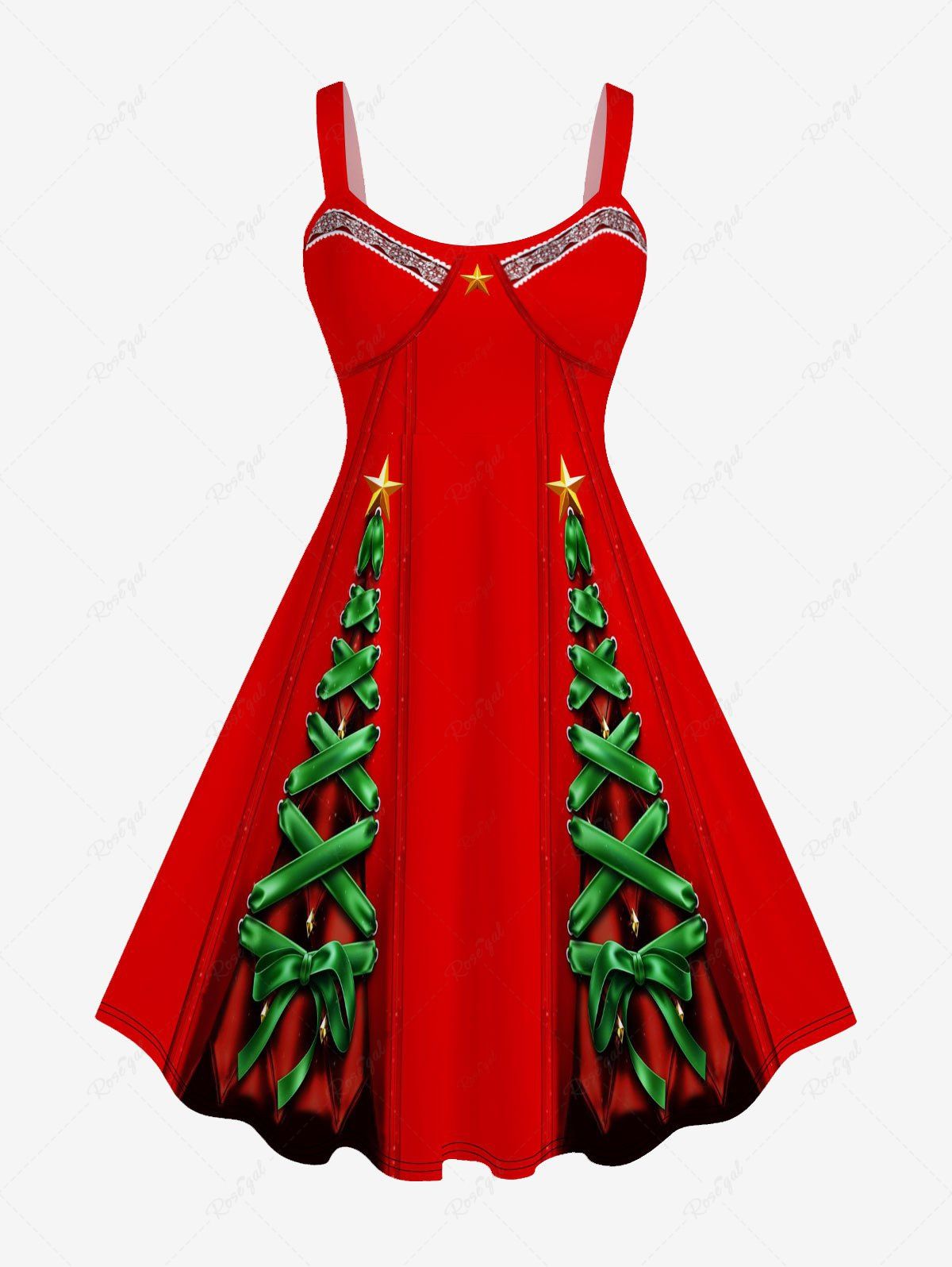 Robe avec Lacets sans Manches à Imprimé Noël 3D Grande Taille Rouge 3XL