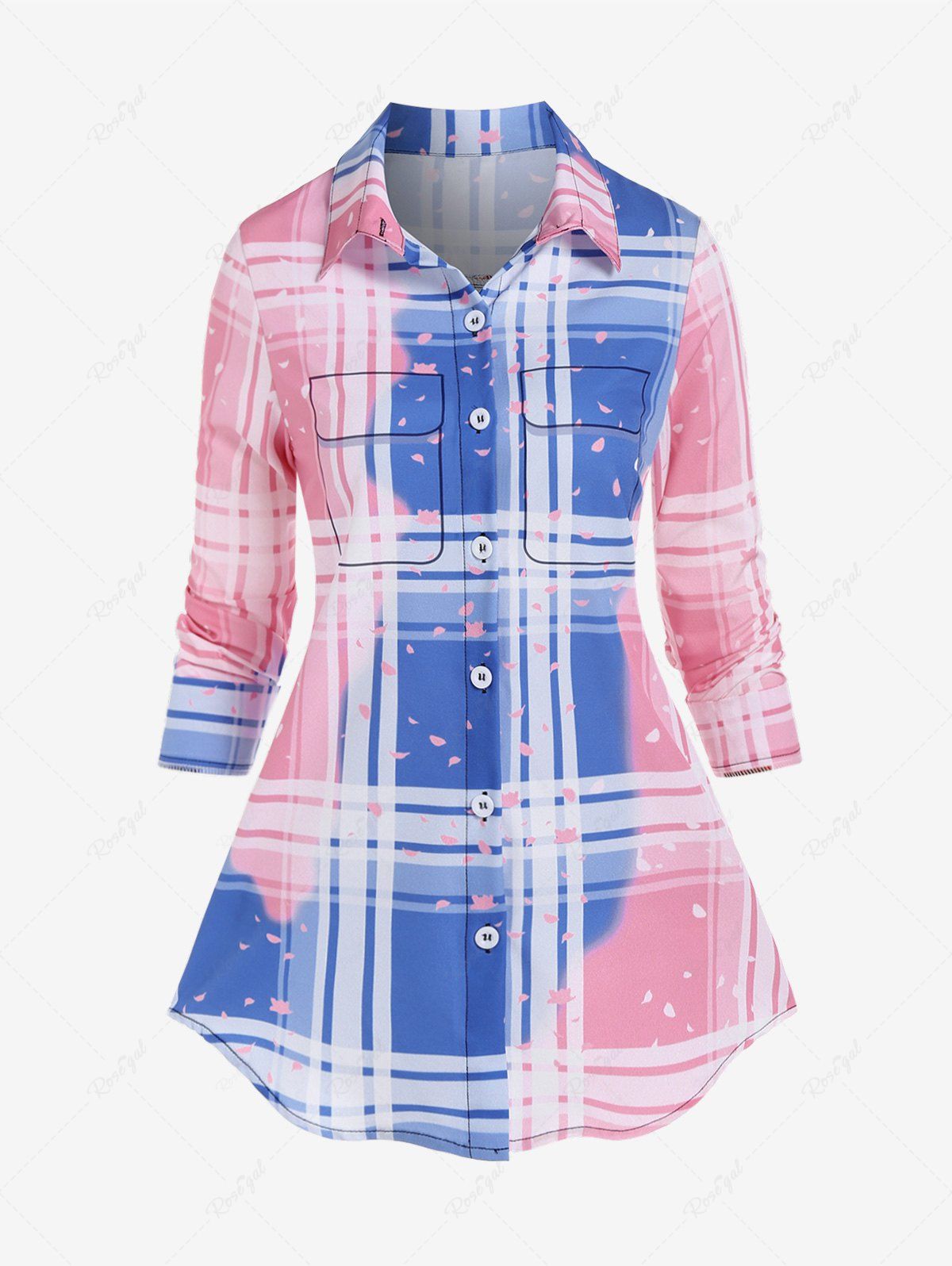 Outfits Plus Size Plaid Ombre Color Button Up Shirt  