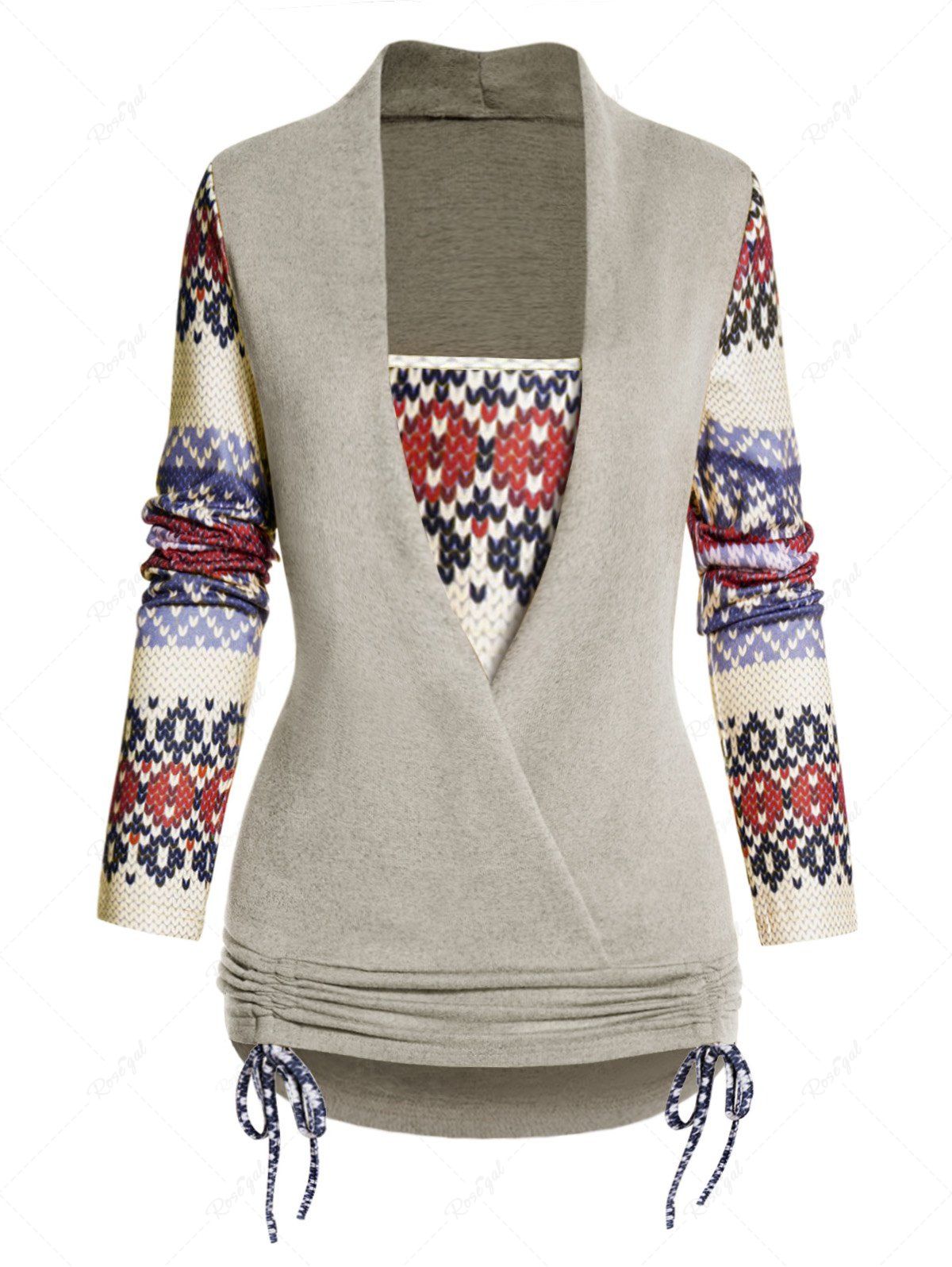 Haut Croisé Noué à Imprimé Tribal en Tricot café XXL