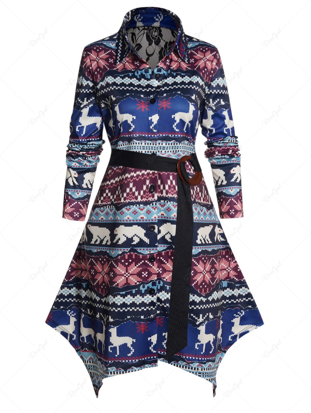 Online Tribal Animal Allover Print Flower Lace Insert Shirt Dress  
