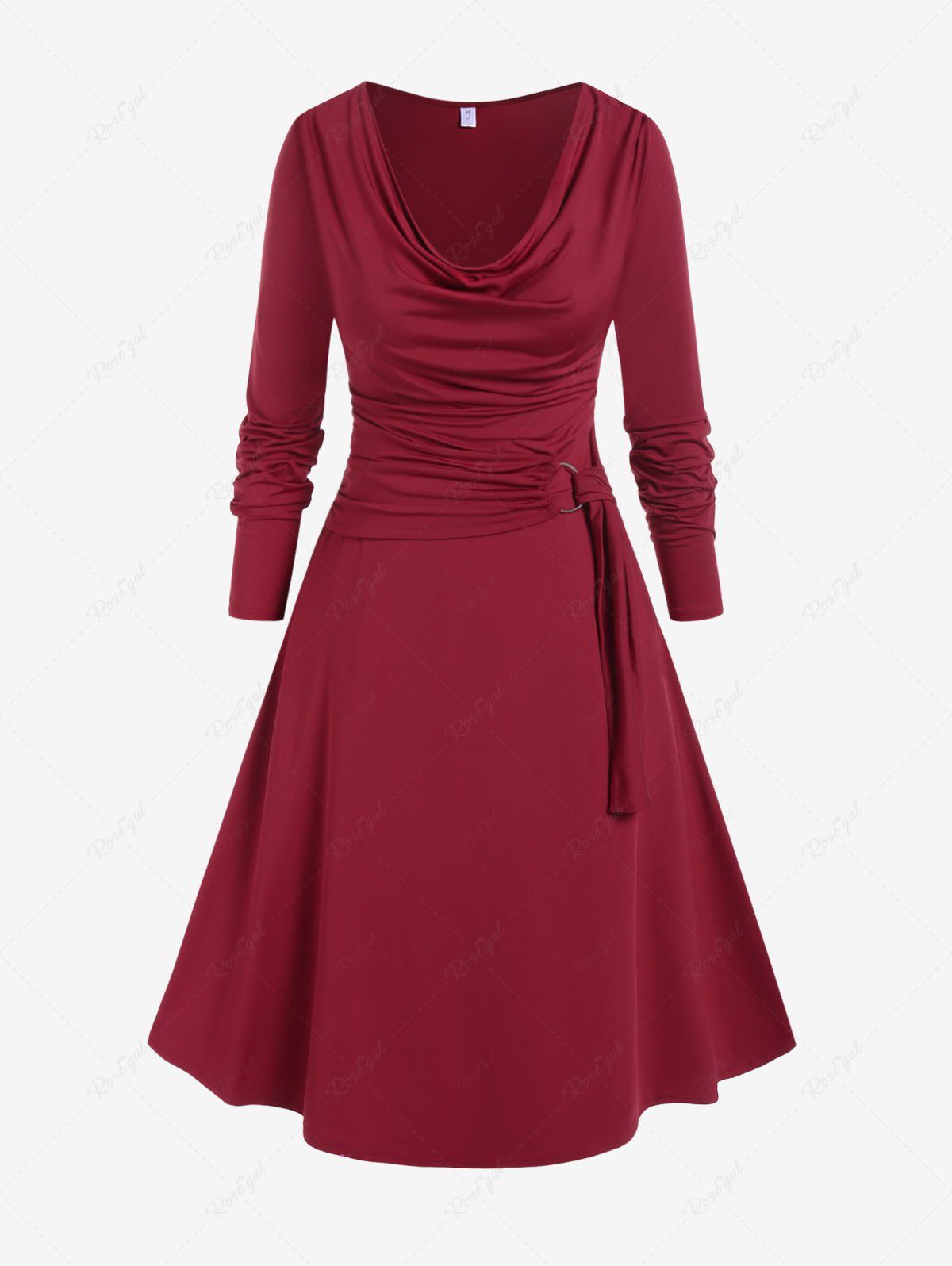 Chic Plus Size Valentine Day Cowl Neck O-ring Ruched Long Sleeve Midi Dress  