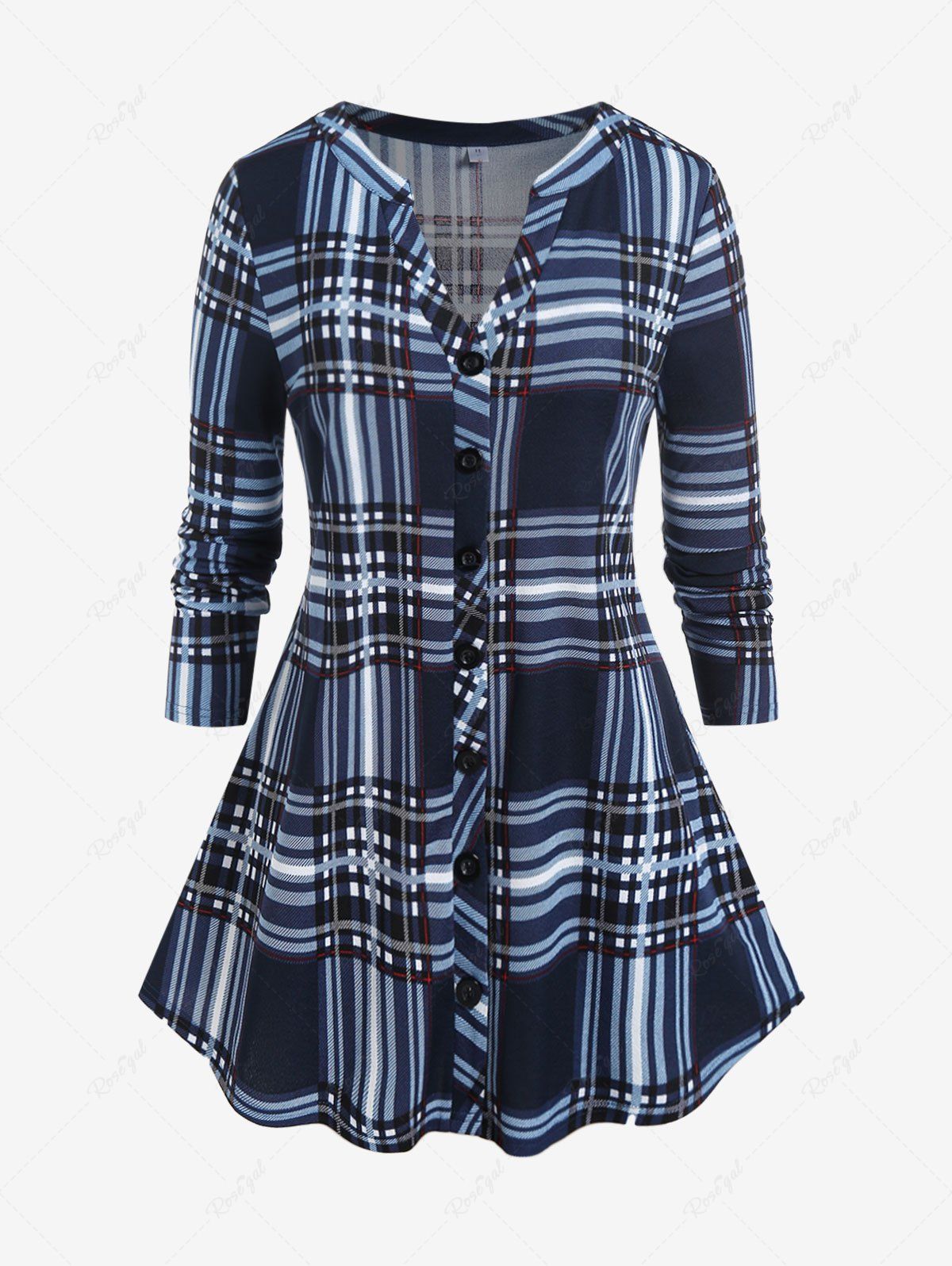 Chic Plus Size Checked V-notch Button Up Blouse  