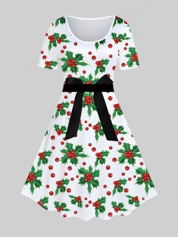 Plus Size 3D Bowknot Christmas Flower Poinsettia Printed Vintage A Line Dress