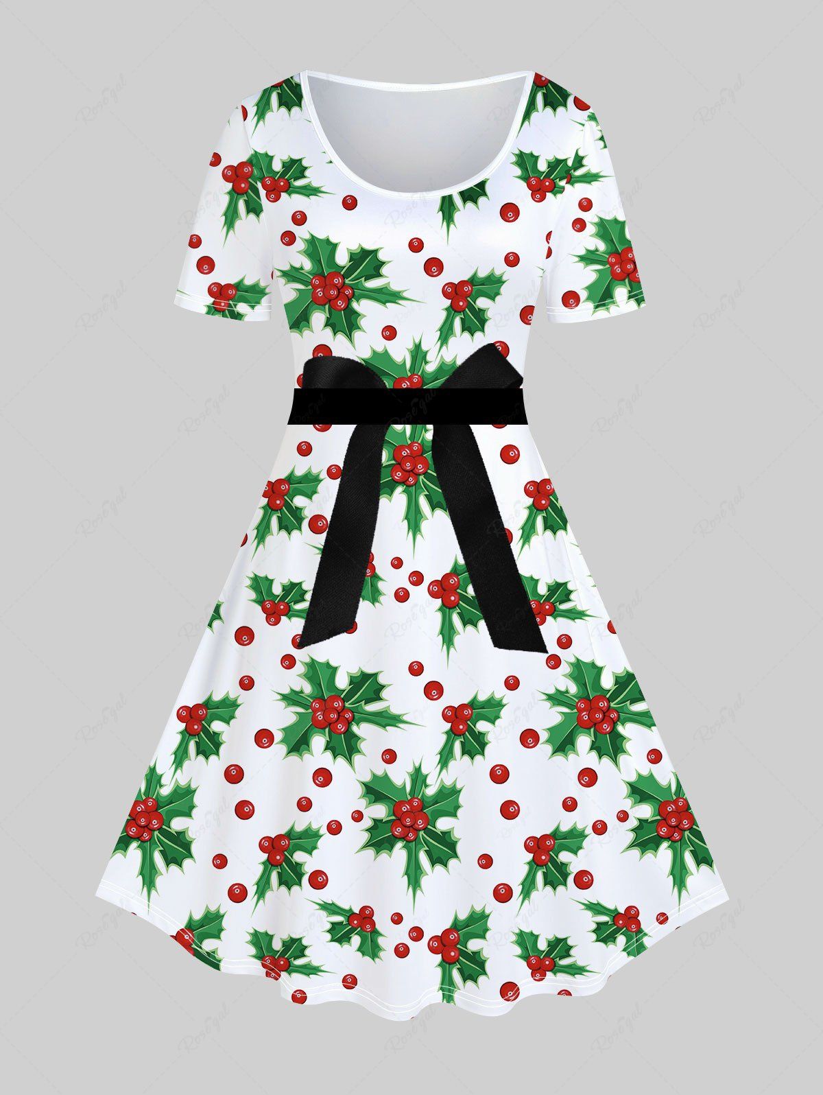 Robe Vintage Linge A à Imprimé 3D Cerise Noël et Nœud Papillon de Grande Taille Blanc 1X | US 14-16