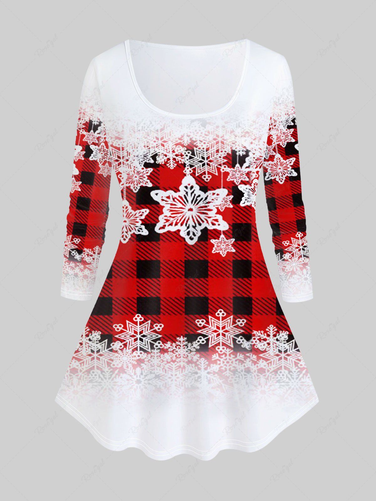 Cheap Plus Size Christmas Snowflake Plaid Print T-shirt  