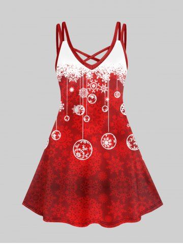 Plus Size Snowflakes Balls Printed Crisscross A Line Christmas Dress