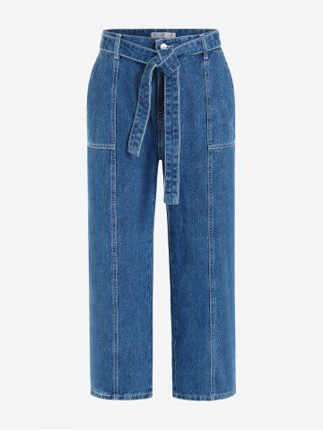 Plus Size Topstitching Belted Boyfriend Wide Leg Jeans - DEEP BLUE - 5X