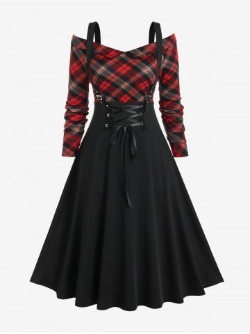 Plus Size Plaid Folded Top and Lace-up Buckled Suspender Dress