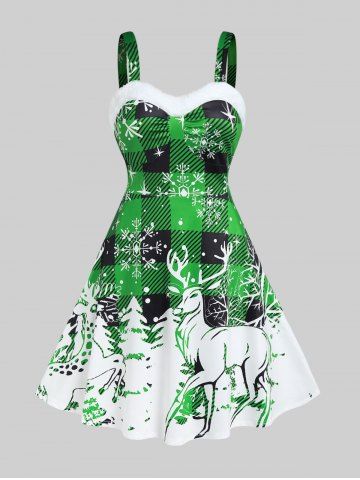 Plus Size Christmas Faux-fur Trim Plaid Elk Print Sleeveless Dress