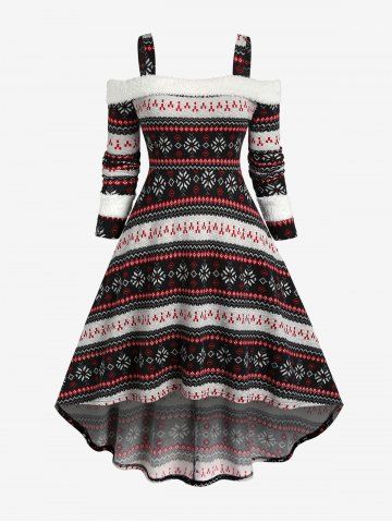 Plus Size Cold Shoulder Snowflake Print High Low Midi Knitted Christmas Dress - BLACK - 1X | US 14-16