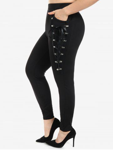 Plus Size Lace Up Metals Pull On Skinny Pants - BLACK - L | US 12