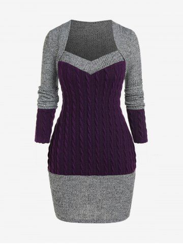 Plus Size Sweetheart Neck Two Tone Cable Knit Sweater Dress - CONCORD - L | US 12