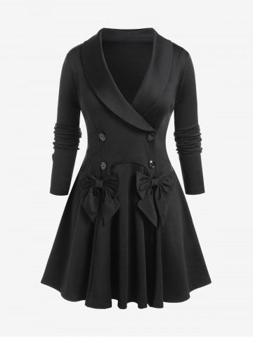 Plus Size Shawl Neck Flounce Double Breasted Mini Blazer Dress with Bowknots - BLACK - 1X | US 14-16