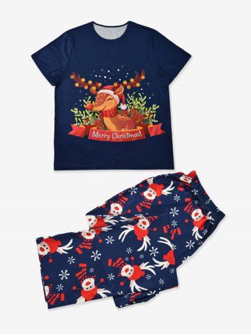 Conjunto Pijama y Pantalones de Estampado de Alce de Navidad para Hombre - DEEP BLUE - XXL