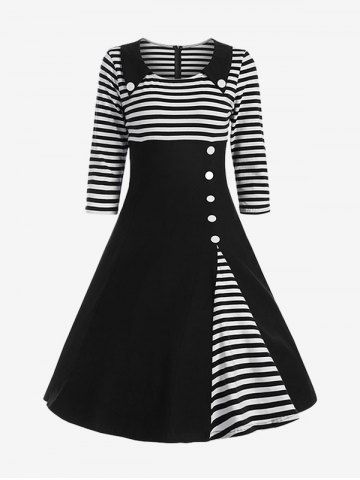 Plus Size Three Quater Sleeves Stripes A Line Dress with Buttons - BLACK - 4XL