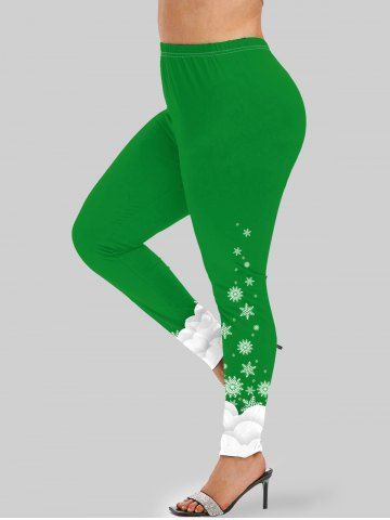 Plus Size Christmas Snowflake Printed Two Tone Leggings - GREEN - 3X | US 22-24