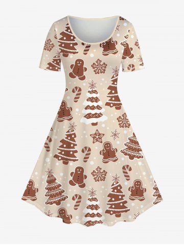 Plus Size Christmas Cute Gingerbread Tree Snowflake Print A Line Dress - LIGHT COFFEE - 2X | US 18-20