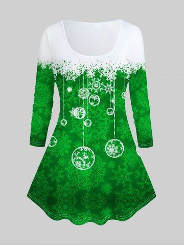 Plus Size Christmas Snowflake Printed Colorblock Long Sleeves Tee - GREEN - 1X | US 14-16