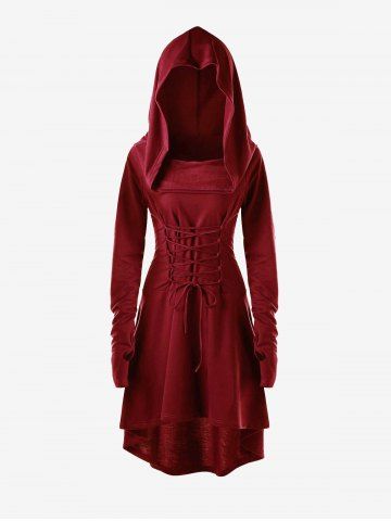 Plus Size Hooded Lace-up High Low Dress - DEEP RED - XL