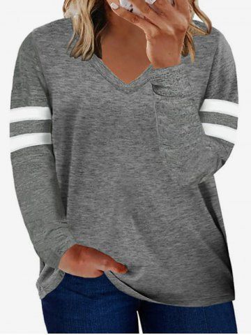 Plus Size V Neck Colorblock Long Sleeves Tee - GRAY - 3XL