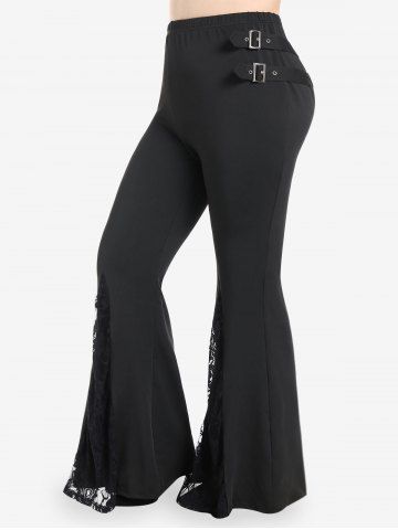 Plus Size Buckled Lace Panel Pull On Bell Bottom Pants - BLACK - L | US 12