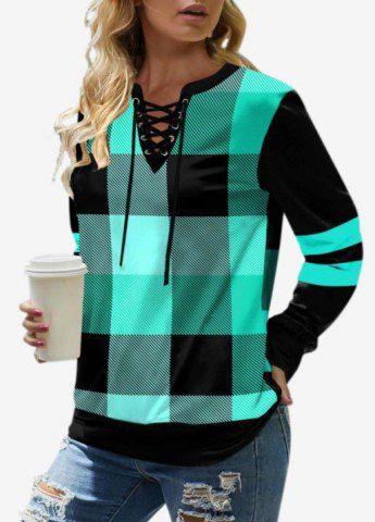 Plu Size V Notched Lace-up Plaid Pullover Sweatshirt - GREEN - 5XL