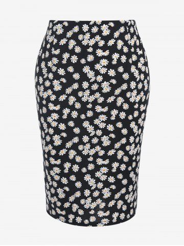 Plus Size Daisy Print Bodycon Midi Skirt
