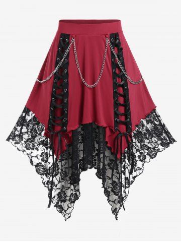 Gothic Chain Embellish Lace-up Floral Lace Layered Hanky Hem Skirt - DEEP RED - 1X | US 14-16