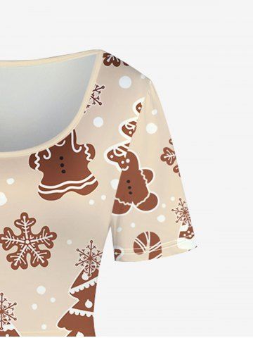 Plus Size Christmas Cute Gingerbread Tree Snowflake Print A Line Dress